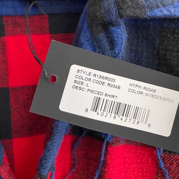R13 Pieced Navy Red Ecru Buffalo Plaid Button Up Shirt Size Large NWT - Picture 4 of 7